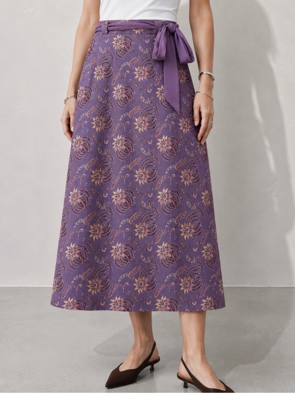 Vintage APRIL CORNELL Lavender Floral Tie-Waist Midi Skirt Size M